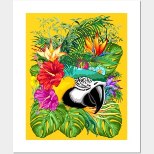 Blue Macaw Parrot Floral Portrait coming out of Exotic Jungle Posters and Art